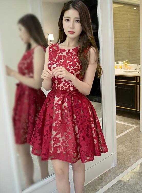 Dark Jaslyn Homecoming Dresses Lace Red Mini Party Dress Red CD22466