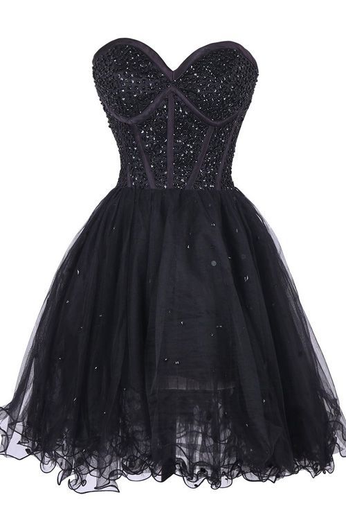 Homecoming Dresses Nadia Black Beaded Embellished Sweetheart Short Tulle CD22497