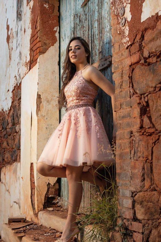 Halter Tricia Homecoming Dresses Pink Appliqued With Beading Belt CD24031