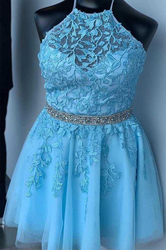Halter Appliqued Blue With Homecoming Dresses Lorna Beading Belt CD24746