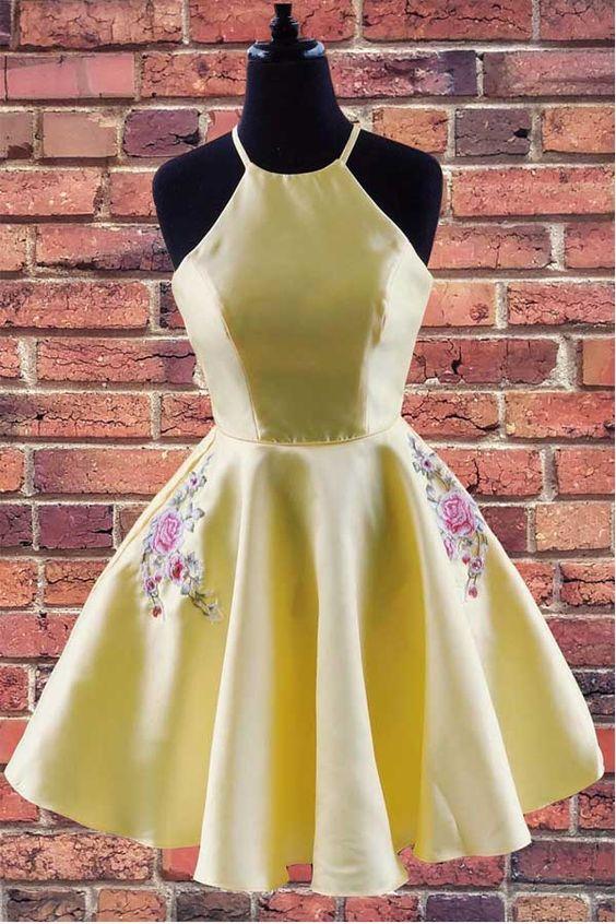 Halter Embroidered Noemi Satin Homecoming Dresses Yellow With Pockets CD2788