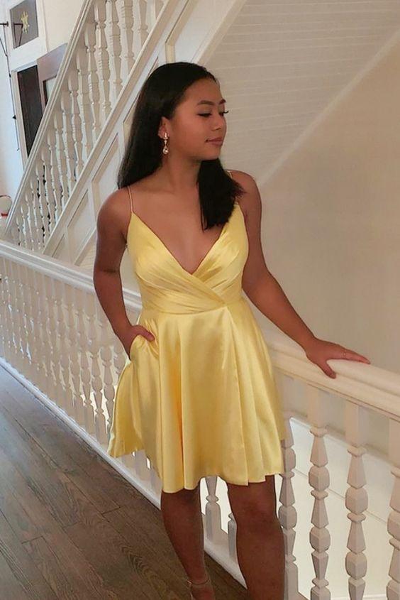 Short In Yellow Lauretta Homecoming Dresses Color With Pocketes And Straps CD2957