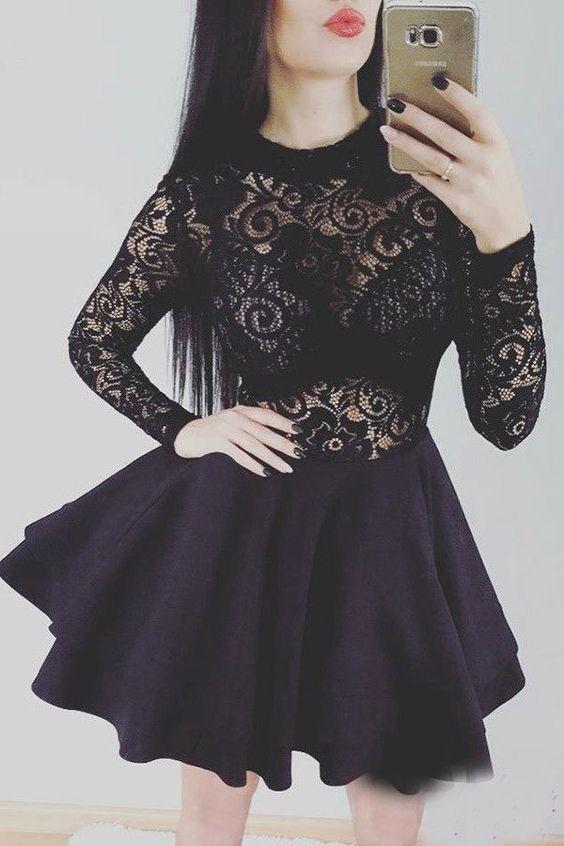 BLACK SHORT WITH LONG SLEEVES LACE Homecoming Dresses Ayla CD4644