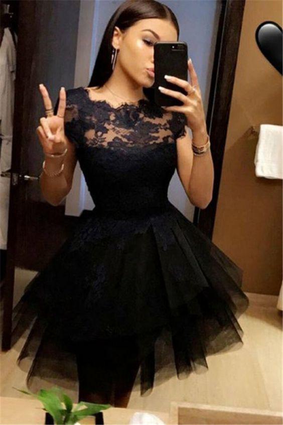 Homecoming Dresses Laila A-Line Jewel Cap Sleeves Appliques Black CD615
