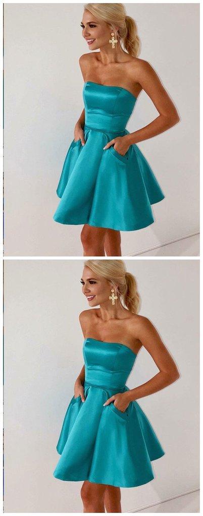 A-Line Strapless Blue With Pockets Satin Homecoming Dresses Ellen CD659