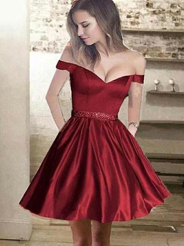 A-Line Off Shoulder Burgundy With Homecoming Dresses Genesis Beading CD668