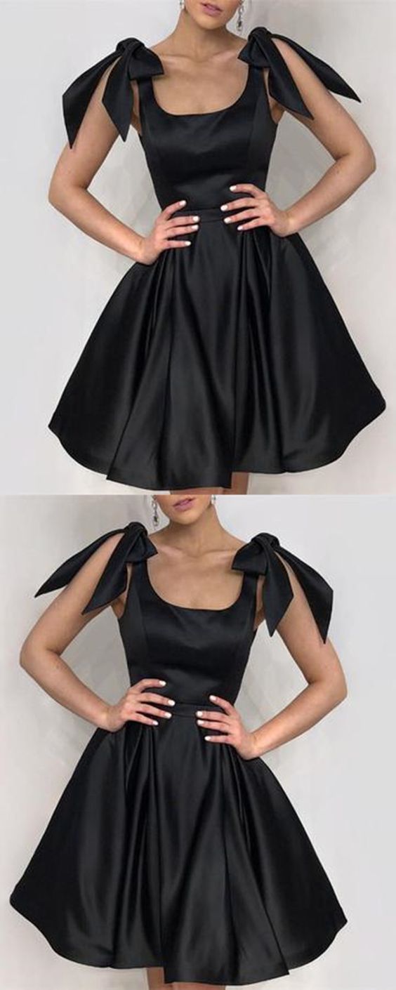 Elegant Black Bow Shoulders Ruffles Homecoming Dresses Charlize Satin CD874