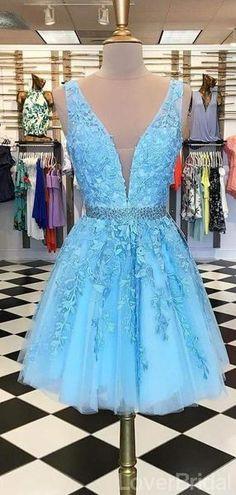 V Adalyn Homecoming Dresses Lace Neck Blue Short Cheap CD9038