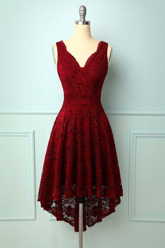 Lace Homecoming Dresses Kailee Dark Red V-Neck Dress CD9870